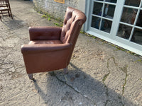 Antique English Leather Button Back Armchair