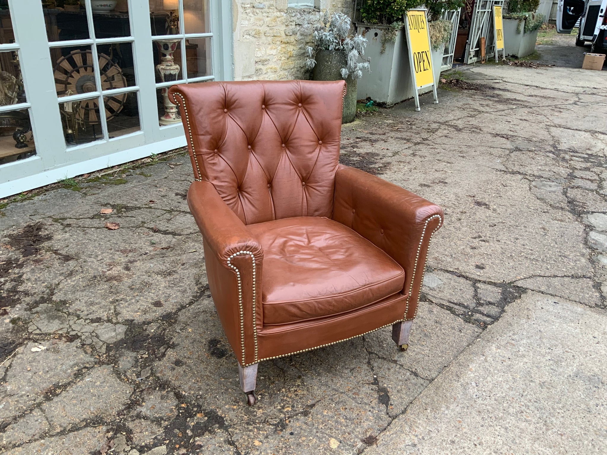 Antique English Leather Button Back Armchair – Burford Antiques