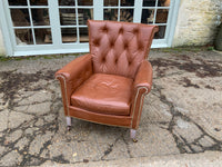 Antique English Leather Button Back Armchair