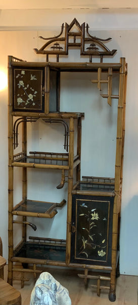 Antique English Bamboo Whatnot with Chinoiserie Panels