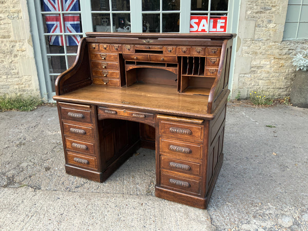 Large Antique English Oak Roll Top Desk