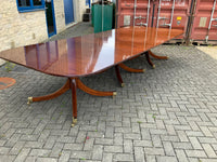 Vintage English Mahogany Three Pillar Table and Sixteen Chairs