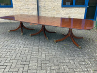 Vintage English Mahogany Three Pillar Table and Sixteen Chairs