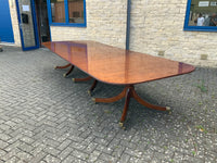 Vintage English Mahogany Three Pillar Table and Sixteen Chairs