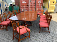 Vintage English Mahogany Three Pillar Table and Sixteen Chairs