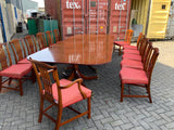 Vintage English Mahogany Three Pillar Table and Sixteen Chairs