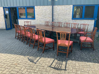 Vintage English Mahogany Three Pillar Table and Sixteen Chairs