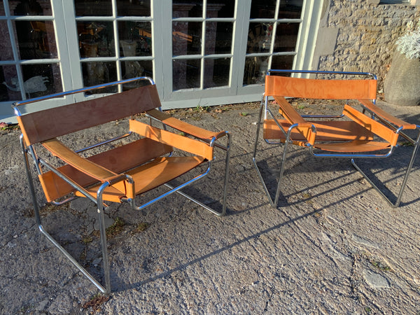 Mid-Century Pair of Wassily Style Leather and Chrome Armchairs