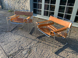 Mid-Century Pair of Wassily Style Leather and Chrome Armchairs