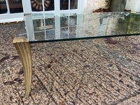 Mid Century Designer Glass Coffee Table with Brass Legs