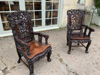 Near Pair of Antique Chinese Rosewood Carved Armchairs