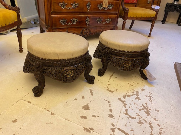Antique pair C19 Anglo - Indian carved hardwood footstools