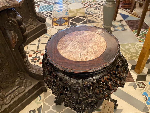 Antique Chinese carved rosewood and marble stand